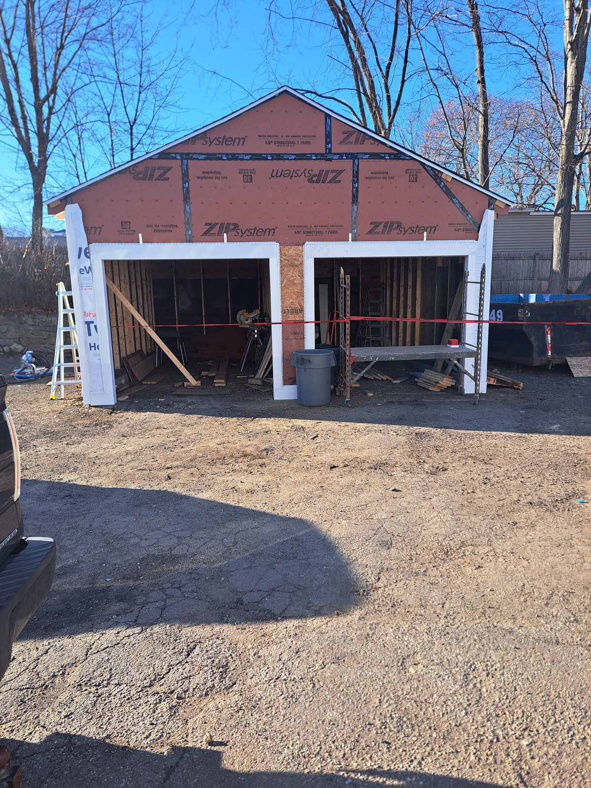 After — two-bay garage ZIP System sheathing in Sutton, MA